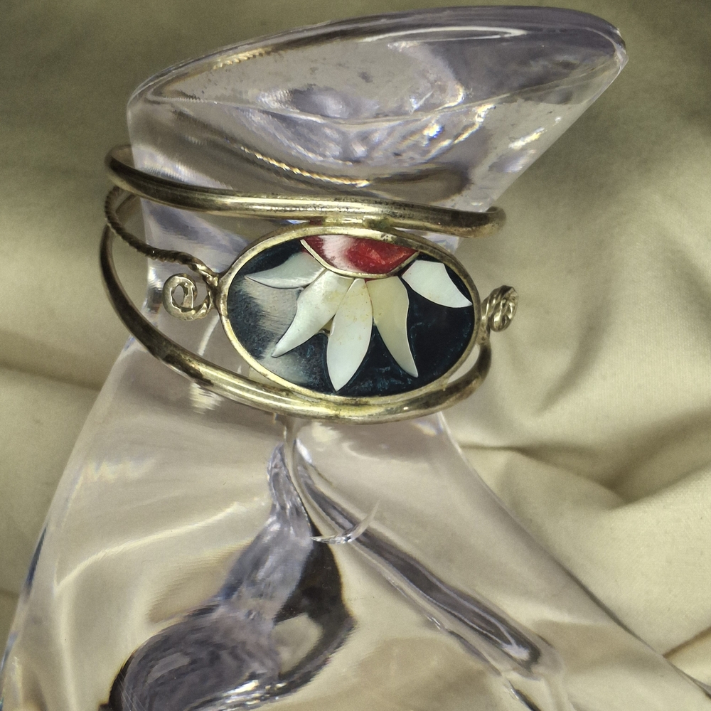Alpaca Mexican Mother Of Pearl Floral Sterling Sliver Bracelet